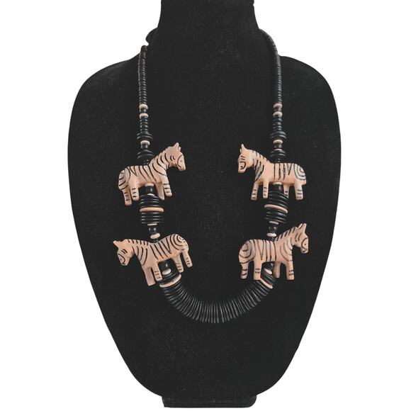 Vintage Womens Wooden Statement Animals Safari Necklace  Vintage Zebra Statement Necklace Safari Luxe Wood Bead Collar Kenya 29”